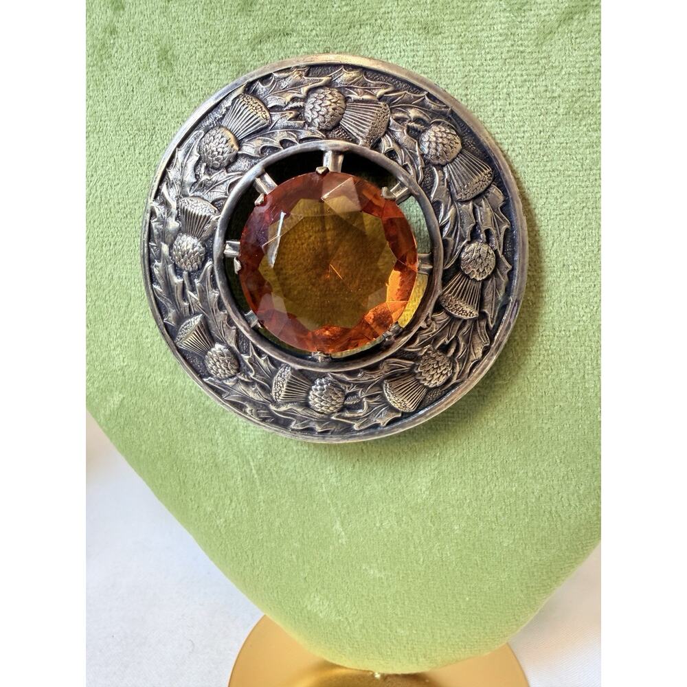 Vintage Scottish Thistle Pewter Brooch With Amber Colored Center Glass Stone Pin